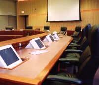 Burnaby council desks w/ CRT monitors